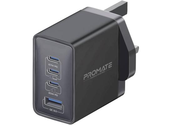 Promate GaNPort4-67PD 67W Power Delivery GaNFast Charger with Quick Charge 3.0, GaN Technology, Adaptive Fast Charging, Safety Protection, Multi-Device Wall Charger, Black